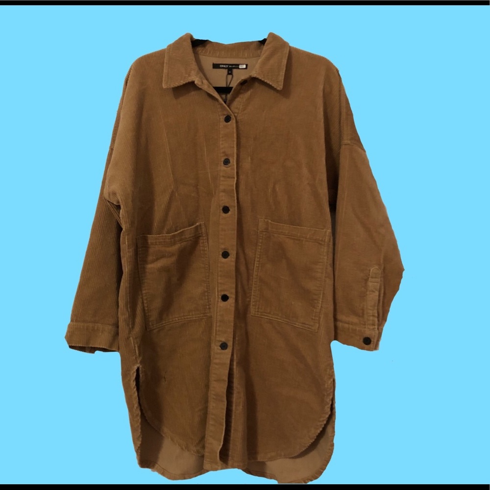 NWT - Only Blue Denim Brand - Long Brown Corduroy Button Up Shirt Jacket Sz M